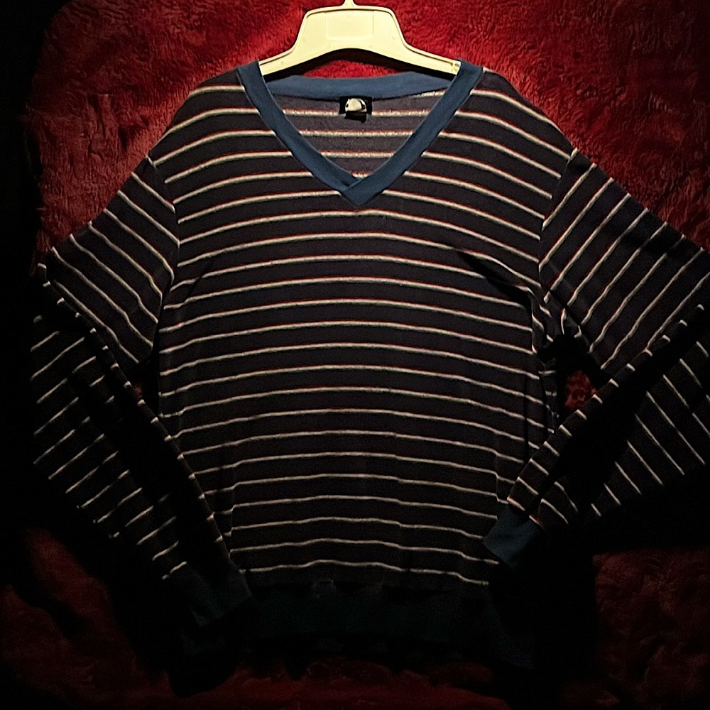 70s Vintage Velour V-Neck Striped Sweater - Club Hampton Men’s Large